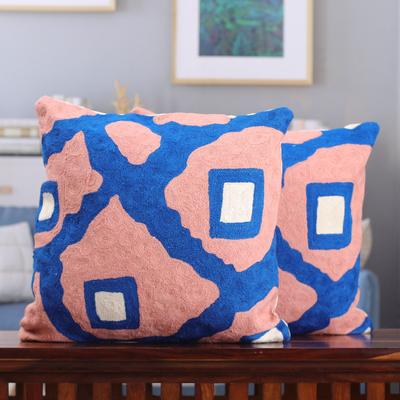 'Abstract-Themed Blue and Peach Cotton Cushion Covers (Pair)'