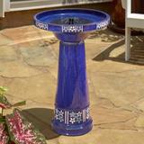 Outdoor Blue Ceramic 1.5 Gallon Bird Bath with Solar Fountain - 17" in Diameter and 25.5" High