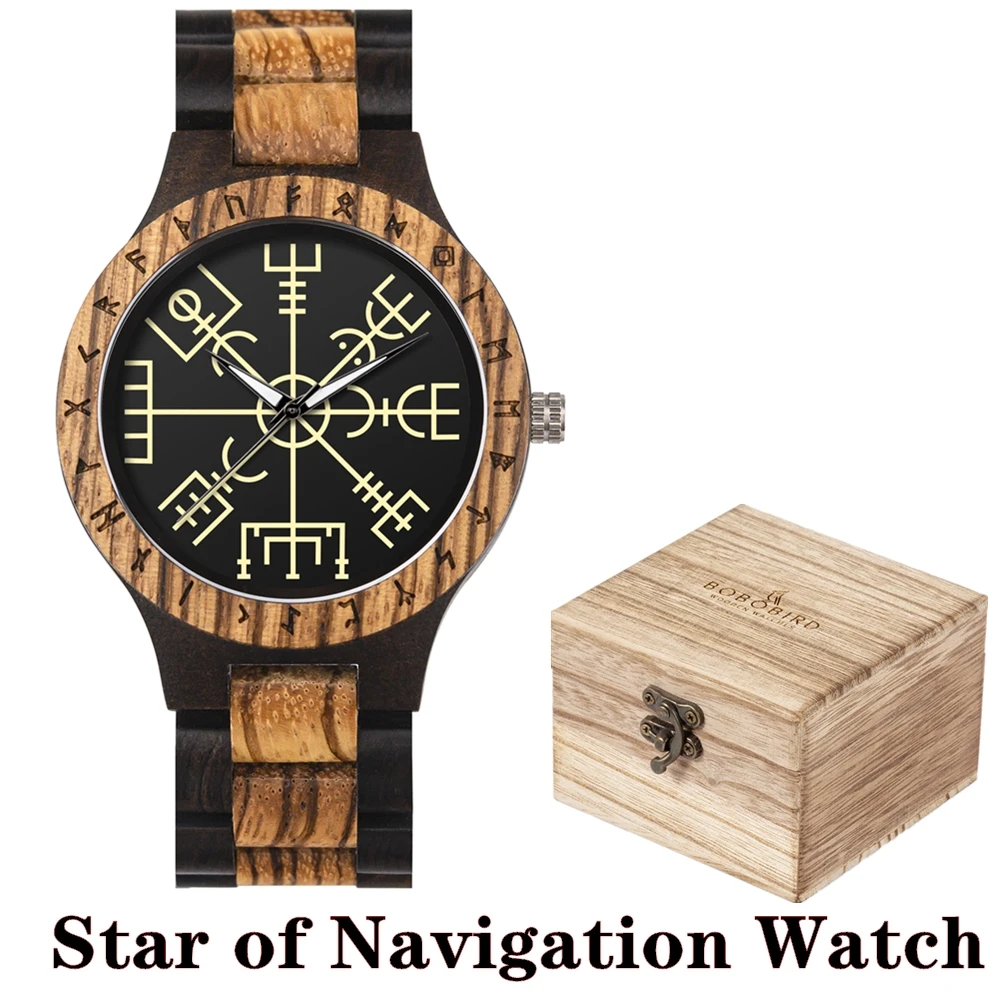 BOBO BIRD Viking Montres en Bois Top Mouvement à Quartz Japonais Montre-Bracelet Unique pour Hommes avec Helm of Awe Runic Circle Coffret Cadeau