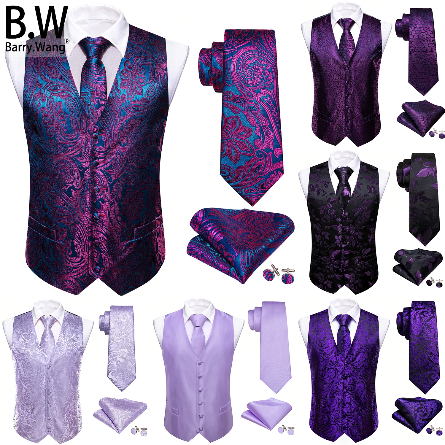 Lila Lila Violett Lavendel Seide Herren Weste Krawatte Einstecktuch Manschettenknöpfe Set Gewebte Weste Ärmellose Jacke Hochzeit Business Barry.Wang