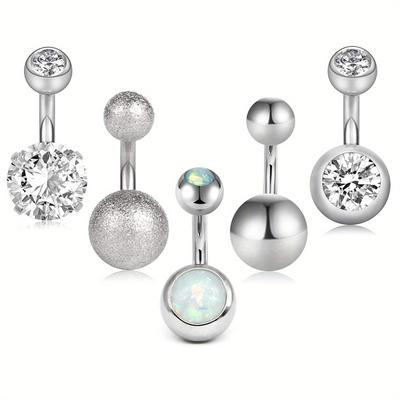 5pcs Short Belly Button Rings, 6mm Bar Length Stainless Steel 14g Small Belly Rings, Navel Piercing Jewelry With Synthetic Opal Zirconia Body Jewelry