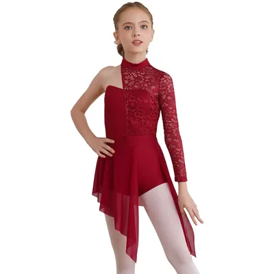 Kids Girl Lyrical Dance Dress One Shoulder Asymmetrical Floral Lace Ballet Figure Skating Gymnastics