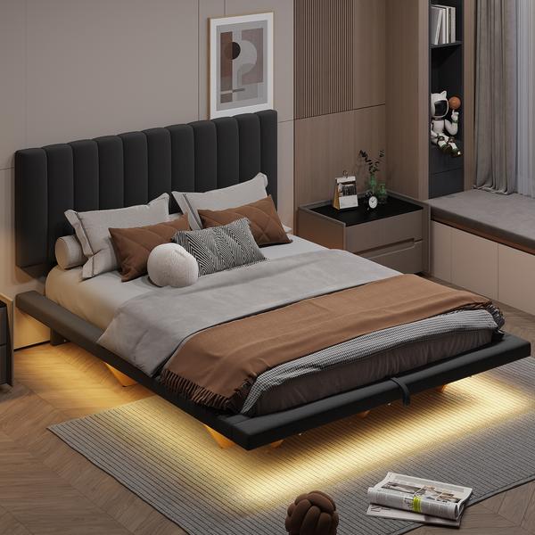 queen-velvet-floating-bed-frame-w--led-lights---hydrualic-storage/