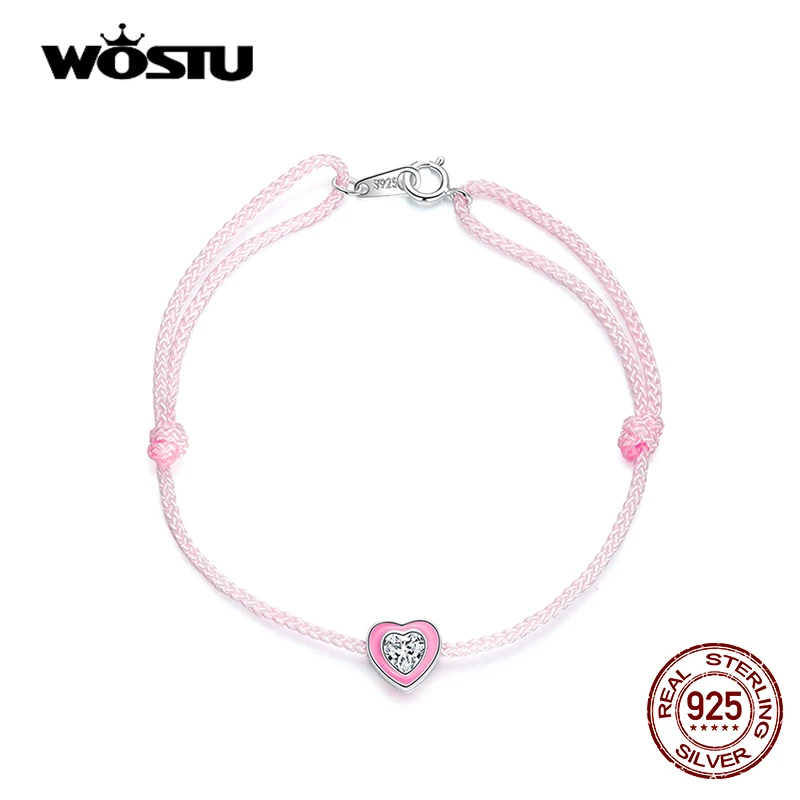 WOSTU 925 Sterling Silber Rosa Herz Seil Knöchel 22,5 CM Einstellbare Größe Glänzende Zirkon Seil Kette Für Frauen Sommer Schmuck CQT022