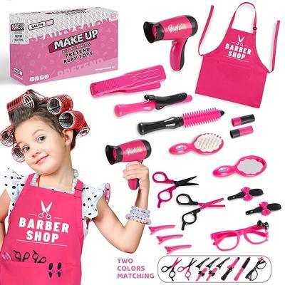 17pcs Girls Beauty Salon Set, Pretend Play Hair Cutting Kit, Hairdresser Toy With Hair Dryer, Scissors, Barber Apron And Styling Accessories