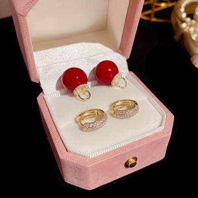 New Style Earrings With Micro Zircon And Imitation Pearl, A Luxurious And Stylish Red Ear Accessory
