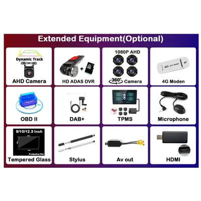 For Android Screen Navigation Car Multimedia Player Accessories Optional DVR OBD HDMI AV OUT DAB TPMS Stylus 4G Moden 360 Camera