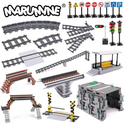 Marumine MOC City Train Railway Build Model Kit Soft Cruved Straight Tracks Traffic Light Tunnel
