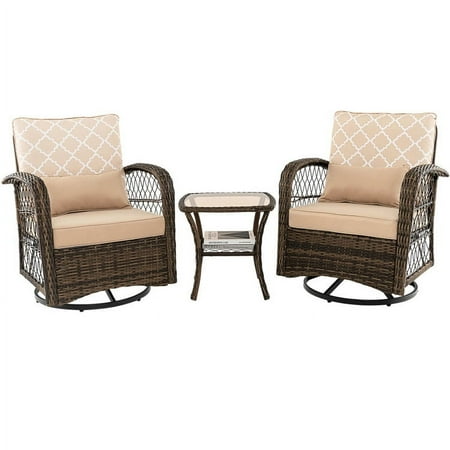 Resenkos 3 Pieces Outdoor Wicker Conversation Set Small Patio Conversation Furniture Set with Tempered Glass Coffee Table-Beige