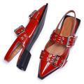 Women Ballet Flats Pumps,Red Pointed Toe Metal Buckle Gothic Mary Jane Shoes,Casual Slingback Ballerina Patent Leather Shoes,Red,4.5 UK