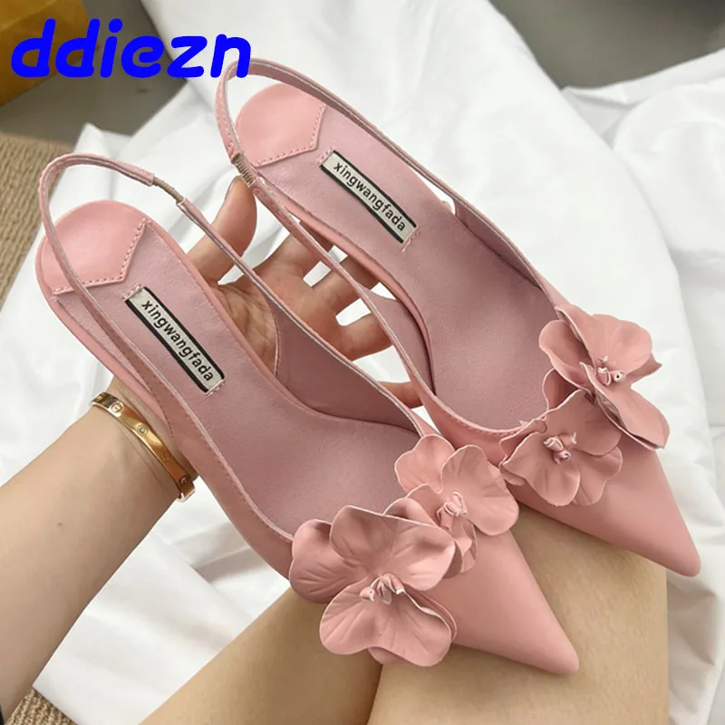 Pumps rosa Schuhe Mode flache Frauen mittlere Absätze Schuhe spitzen Zehen weibliche Rutschen Sling backs Blume Damen dünne Absätze Schuhe