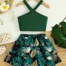 Girls Outfit 2pcs Halter Top & Tropical Tiered Skirt Set Holiday Summer Outfit