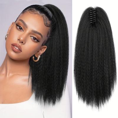 16 Inch Kinky Straight Ponytail Extension For Women Black Yaki Tails Fluffy Synthetic Clip In Ponytail Hair Extensions Claw Clip On Ponytails For Women (16