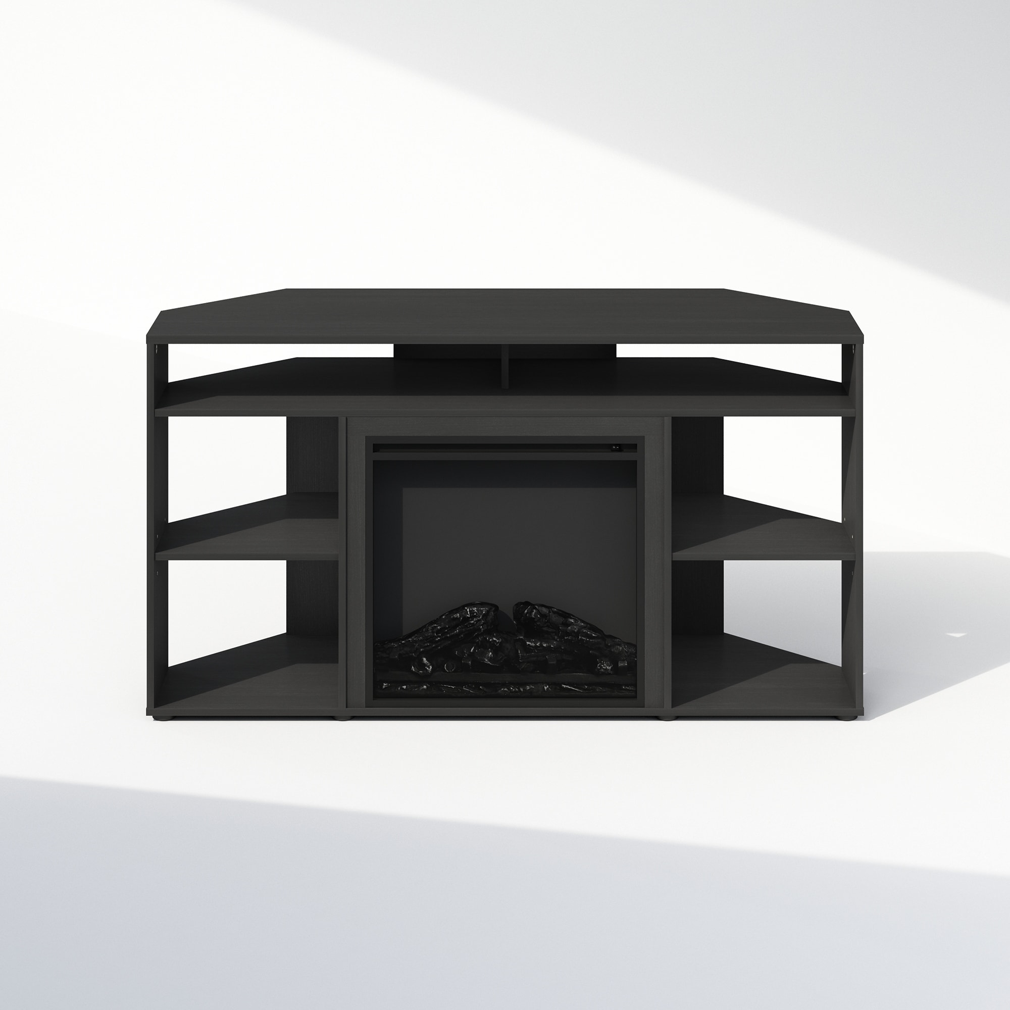 Furinno Jensen No Heat Decorative Electric Fireplace Corner TV Stand for TV up to 55 Inch with 6 Open Compartments