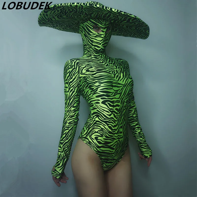 Frauen Dance Team Jazz Bühne Tragen Grün Schwarz Zebra Muster Stretch Skinny Body Großen Hut Dance Outfit Bar Nachtclub DS kostüm