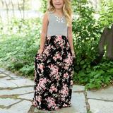 Christmas Gifts Mommy And Me Sleeveless Flower Print Maxi Dresses Family Summer Matching Set Polyester Black 110