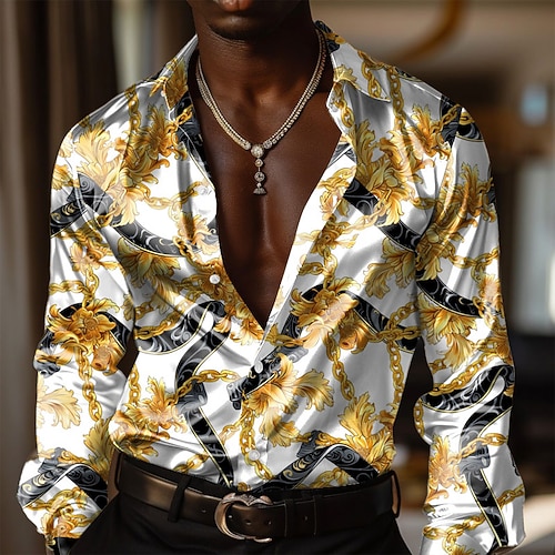 Herren Barock- Oberhemd Knopfhemd Langarm Modisch lässig Formal Urlaub Abendgesellschaft Sommer Frühling Herbst Umlegekragen Hemden mit Kragen Knopf Bedruckt Weiß Gelb Image