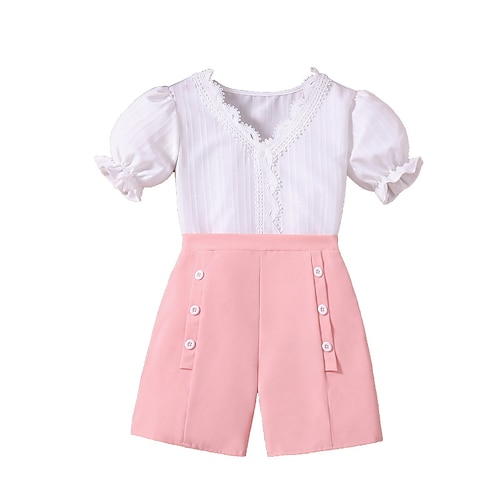 2 Stück kinderkleidung Mädchen Feste Farbe Shorts Anzug einstellen Kurzarm Modisch Outdoor 3-7 Jahre Sommer Rosa Image