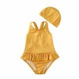JWZUY Toddler Girls Cute Sleeveless One Piece Polka Dot Ruffle Layer Swimsuit with Hat Beachwear Swimwear Bathing Suit Yellow 9-12 Months