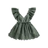 Wallarenear Baby Girl Lace Romper Dress Boho Floral Sleeveless V Neck Birthday Party Dresses Green 18-24 Months