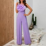 Wyongtao Women s Jumpsuits V Neck Sleeveless High Waist Rompers Sexy Loose Floral Tie Front Jumpsuit Casual Wide Leg Beach Overalls Purple L