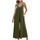 Flowy Jumpsuits for Women Summer 2024 Ladies Casual Spaghetti Strap V Neck Sleeveless Wide Leg Romper Playsuit (Medium Army Green)