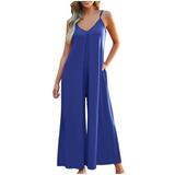Flowy Jumpsuits for Women Summer 2024 Ladies Casual Spaghetti Strap V Neck Sleeveless Wide Leg Romper Playsuit (X-Large Blue)
