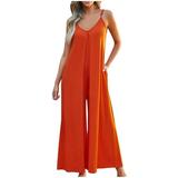 Flowy Jumpsuits for Women Summer 2024 Ladies Casual Spaghetti Strap V Neck Sleeveless Wide Leg Romper Playsuit (Large Orange)