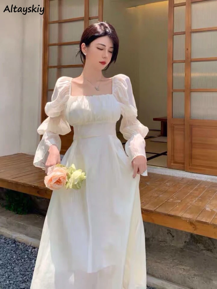 Lange Flare Hülse Kleid Frauen Trendy Zarte A-linie Prinzessin Elegante Französisch Stil Solide Quadrat Kragen Backless Sexy Chic Frauen