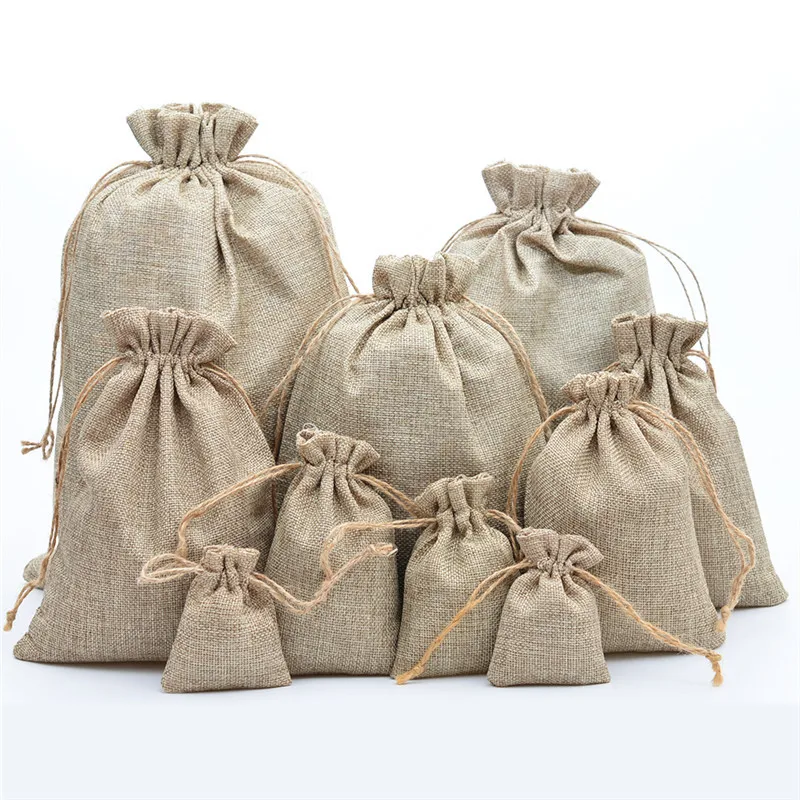 1 stücke Leinen Jute Kordelzug Geschenk Taschen Säcke Hochzeit Geburtstag Party Favors Kordelzug Geschenk Weihnachten Taschen Baby Dusche Liefert Image