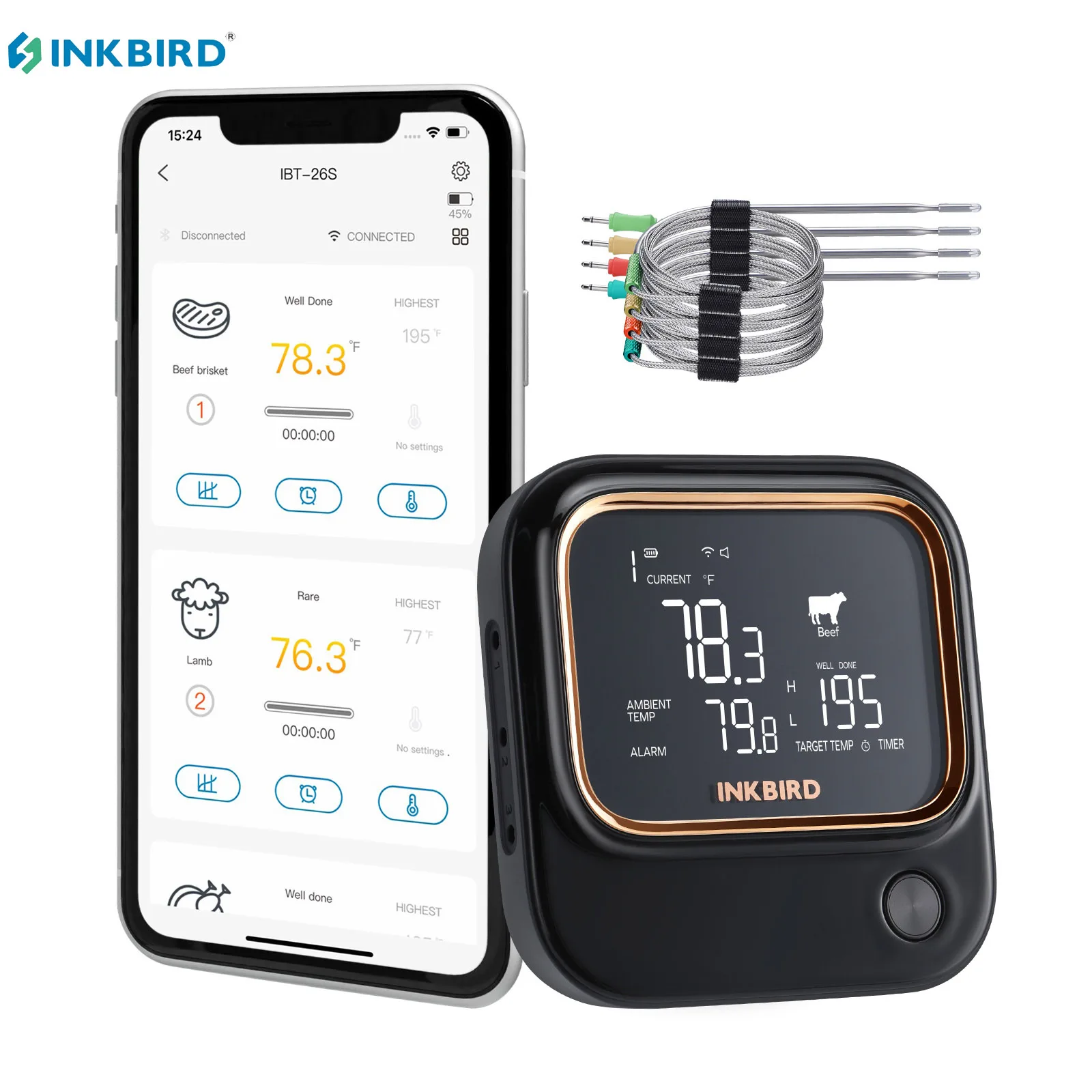 INKBIRD IBT-26S thermomètre à viande sans fil WiFi gril numérique cuisine thermomètre alimentaire avec 4 sondes BBQ cuisine cuisine à domicile aussi
