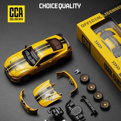 A Box Of 1:42 Ford Mustang Gt2018 Yellow Classic Car Model With Opening Doors, Rotating Wheels, And Replaceable Accessories