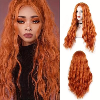 Orange Wig For Women Deep Wave 28 Inches Hair Replacement Wigs Long Wavy Ginger Wig Water Wave Middle Part Curly Synthetic Lace Wig For Cosplay Daily Use