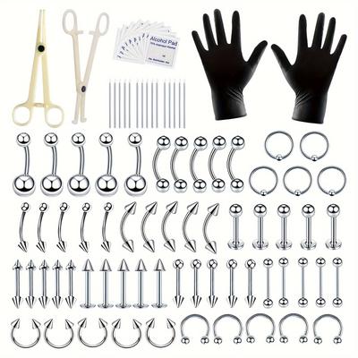 84pcs Body Septum Piercing Kit, 14g 16g Tools For Nose Tongue Lip Ear Eyebrow Belly Button Cartilage Tragus Industrial Barbell Helix Daith Piercing Jewelry Clamps