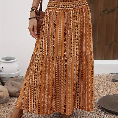 TEMU Tribal Print Shirred Waist Skirt, Boho Loose Maxi Skirt For Spring & Summer, Women's Clothing