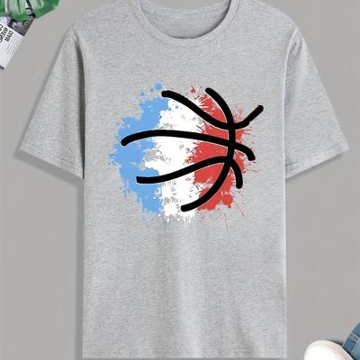 TEMU Basketball Print Tee Shirt, Tee For Men, Casual Short Sleeve T-shirt For Fall, Tops As Gifts Image