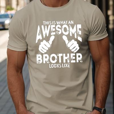 TEMU Awesome Brother Graphic Men's T-shirt - Casual Short Sleeve, Beige With , Polyester Blend, Round Neck, Machine Washable, Summer Or Casual Attire Image