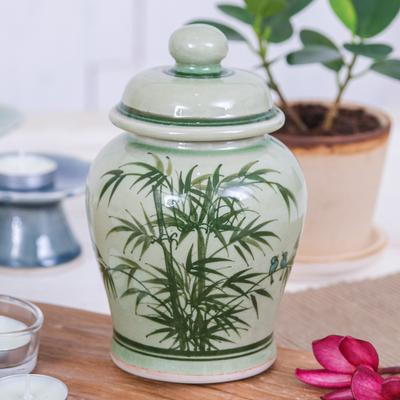 'Bamboo-Themed Celadon Ceramic Decorative Jar in Green'