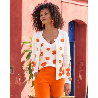 Boston Proper - White/Orange - Floral Embroidered Cardigan - XXS