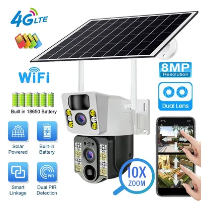 8MP 4K Wireless Solar Camera 4G Sim Outdoor Dual Lens Wifi IP Camera PIR Night Vision V380 Pro CCTV
