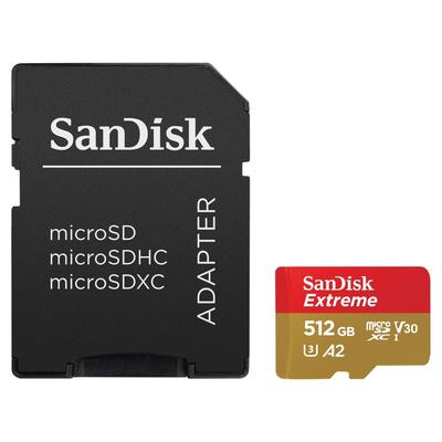 SANDISK Speicherkarte "microSDXC Extreme, Adapter, 1 Jahr RescuePRO Deluxe", bunt (rot, goldfarben), 512 GB, Speicherkarten