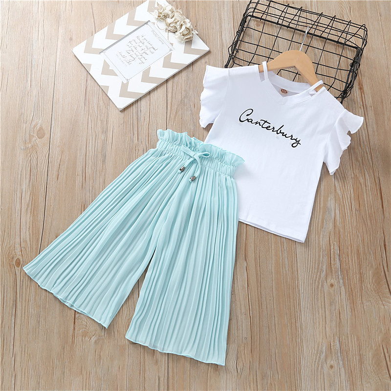 Summer Girls Clothing Sets Kids T-shirt Wide Leg Pants Suits Children Short Sleeve Baby Girl Clothes