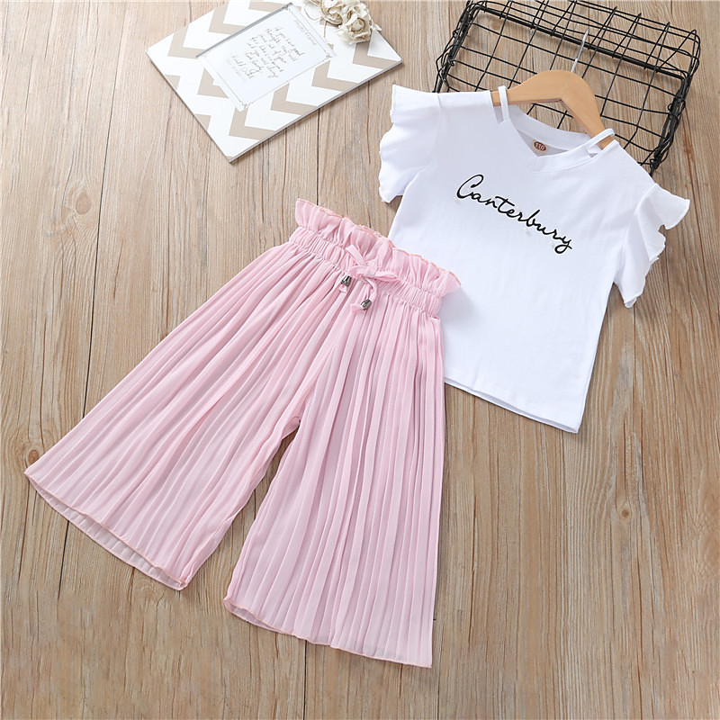 Summer Girls Clothing Sets Kids T-shirt Wide Leg Pants Suits Children Short Sleeve Baby Girl Clothes