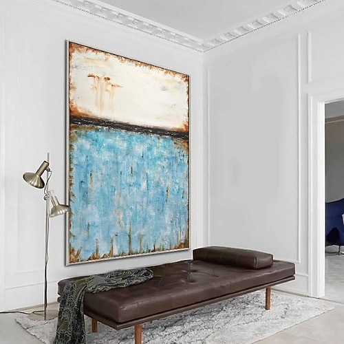 abstraktes Skyline-Gemälde, handgemalt, extragroßes Wandkunst-Gemälde, handgemachtes blaues Landschaftsgemälde auf Leinwand, großes Wandkunst-blaues abstraktes modernes Gemälde für Schlafzimmer, Image