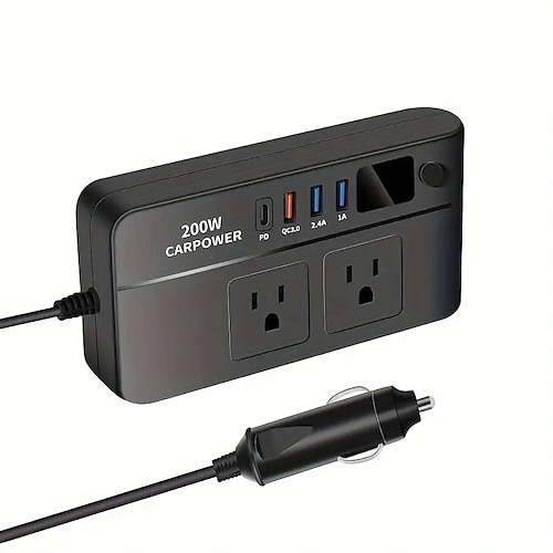 200-W-Wechselrichter fürs Auto – DC 12 V auf 110 V AC-Konverter mit 3 USB-Typ C und LED-Anzeige, geeignet für Autos/SUVs/LKWs