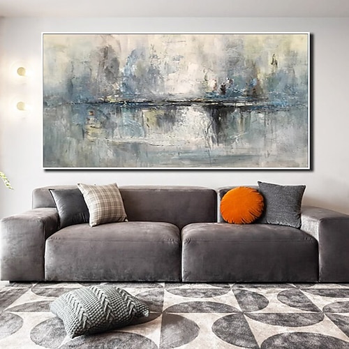 handgefertigtes Ölgemälde auf Leinwand, Wandkunstdekoration, abstraktes Messergemälde, Landschaftsgrau, für die Heimdekoration, rollendes, rahmenloses, ungespanntes Gemälde Image