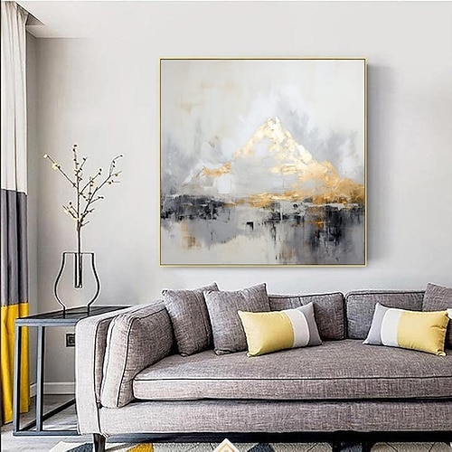 minimalistisches abstraktes Berggemälde, handgemalt, extragroßes Landschaftsfoliengemälde, Wandkunst, grau-goldenes Leinwandgemälde auf Leinwand, große Wandkunst, abstraktes Gemälde für Wohnzimmer Image