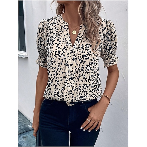 Damen Hemd Bluse Casual Polka Dot Print Kurzarm Normal Oberteile V-Ausschnitt Alltag Rosa Blau Beige Sommer Image