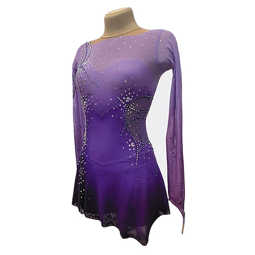 Eiskunstlaufkleid Damen Mädchen Eislaufen Kleider Violett Patchwork Daumenloch Gitter Spandex elastisch Ausbildung Praxis Professionell Eiskunstlaufkleidung warm Kristalle Langarm Eislaufen Image