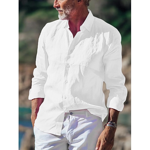 Herren Hemd leinenhemd Sommerhemd Strandbekleidung Knopfhemd Glatt Urlaub Curise Schwarz Weiß Rosa Blau Langarm Kragen Frühling Sommer Bekleidung Image